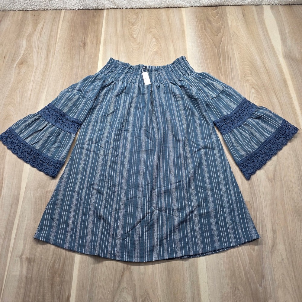 Kiwi & Punch Off Shoulder Blouse Crochet Lace Bell Sleeve Boho Stripe S Blue New